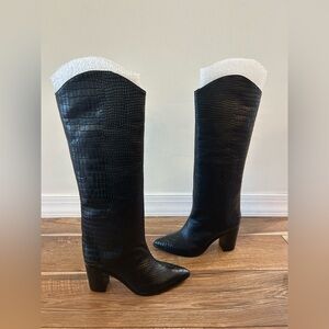 SCHUTZ Maryana Block Heel Boots in Black Croc Leather Size 7 NEW